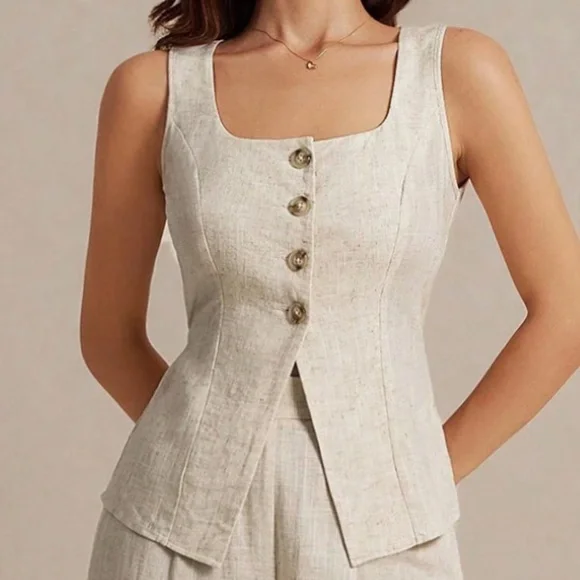 Classic Line Half Button Minimalist Linen Vest